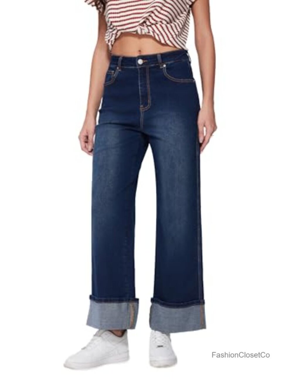 Wide Leg Baggy Jeans High Stretch Denim Cuffed Hem Boyfriend Trouser